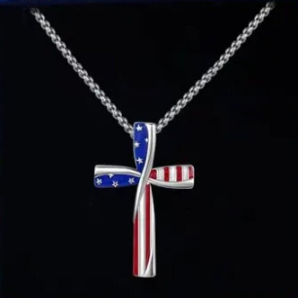 American Flag Cross Patriotic Necklace with Heavy Chain NWT - Picture 2 of 4